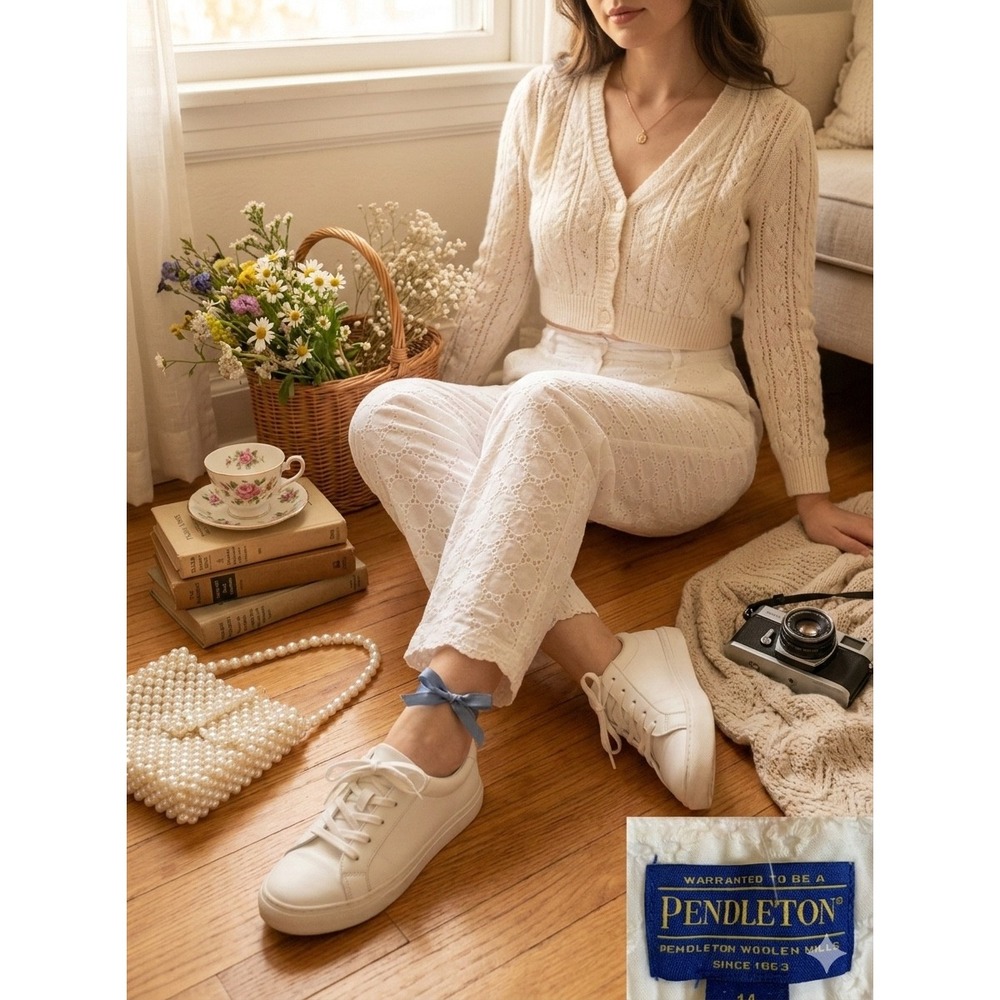 Pendleton Women Pants 14‎ Petite White Cottagecore Eyelet Cotton Crop coastal